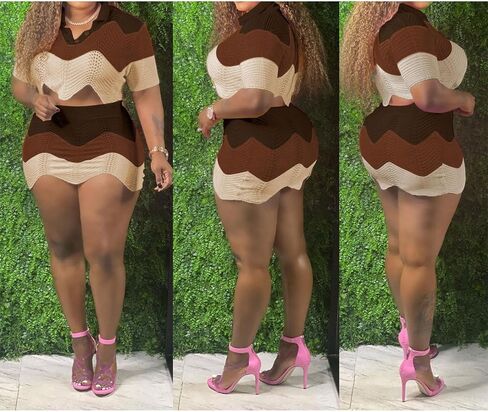 أطقم تنورة كانسون للسيدات قطعتين ملابس ملونة متماسكة وأكمام قصيرة قمصان بولو قصيرة وتنورة ضيقة in Kuwait