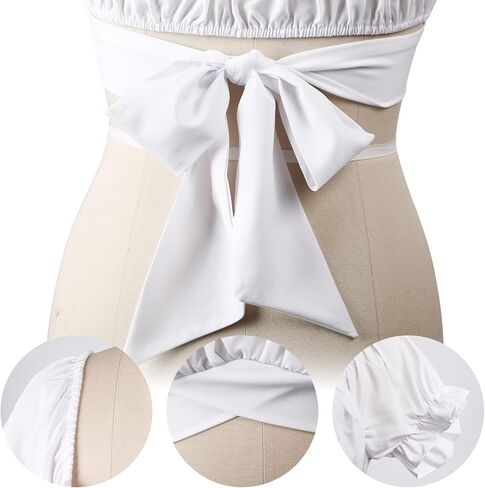 بلوزة نسائية صيفية بأكمام فانوس قصيرة ومضلعة وأكمام قصيرة مكشكشة وربطة عنق من الخلف باللون الأبيض in Kuwait