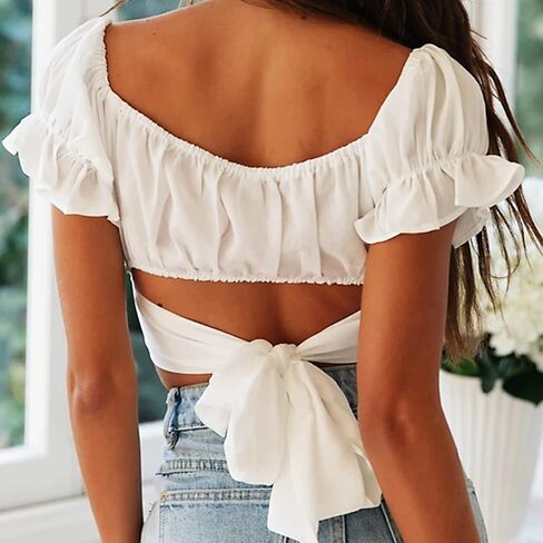 بلوزة نسائية صيفية بأكمام فانوس قصيرة ومضلعة وأكمام قصيرة مكشكشة وربطة عنق من الخلف باللون الأبيض in Kuwait