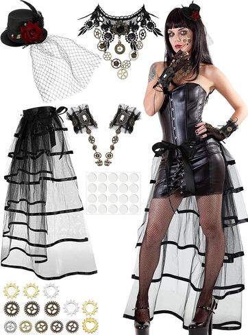 مجموعة أزياء Marsui Halloween Steampunk الفيكتورية التنكرية تتضمن ربطة عنق على تنورة نصف صخب، أغطية رأس قوطية سوداء، معدات Steampunk من الدانتيل، سوار معصم، شارات عين للنساء، إكسسوارات تنكرية in Kuwait