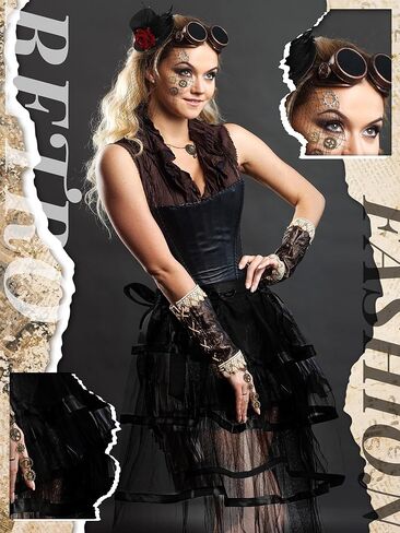 مجموعة أزياء Marsui Halloween Steampunk الفيكتورية التنكرية تتضمن ربطة عنق على تنورة نصف صخب، أغطية رأس قوطية سوداء، معدات Steampunk من الدانتيل، سوار معصم، شارات عين للنساء، إكسسوارات تنكرية in Kuwait