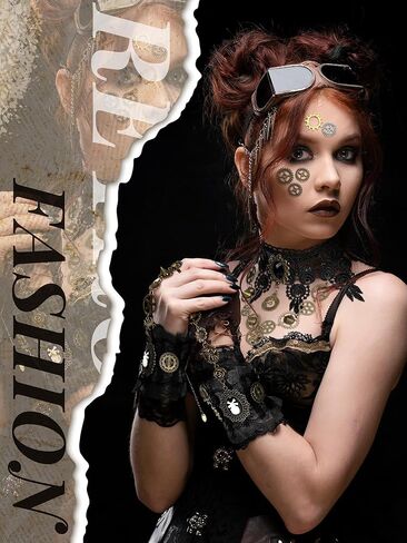 مجموعة أزياء Marsui Halloween Steampunk الفيكتورية التنكرية تتضمن ربطة عنق على تنورة نصف صخب، أغطية رأس قوطية سوداء، معدات Steampunk من الدانتيل، سوار معصم، شارات عين للنساء، إكسسوارات تنكرية in Kuwait