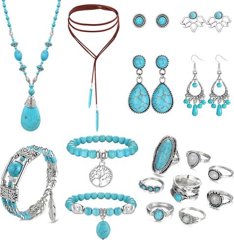 Florideco Bohemian Turquoise Jewelry Set Turquoise Pendant Necklace Turquoise Faux Leather Cuff Bracelet Turquoise Dangle Earrings Vintage Turquoise Knuckle Rings for Women in Saudi Arabia
