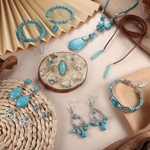 Florideco Bohemian Turquoise Jewelry Set Turquoise Pendant Necklace Turquoise Faux Leather Cuff Bracelet Turquoise Dangle Earrings Vintage Turquoise Knuckle Rings for Women in Saudi Arabia