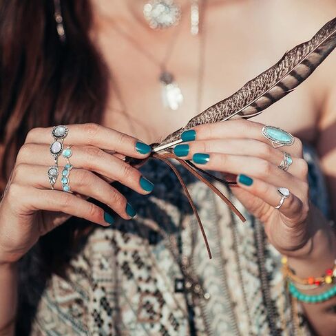 Florideco Bohemian Turquoise Jewelry Set Turquoise Pendant Necklace Turquoise Faux Leather Cuff Bracelet Turquoise Dangle Earrings Vintage Turquoise Knuckle Rings for Women in Saudi Arabia