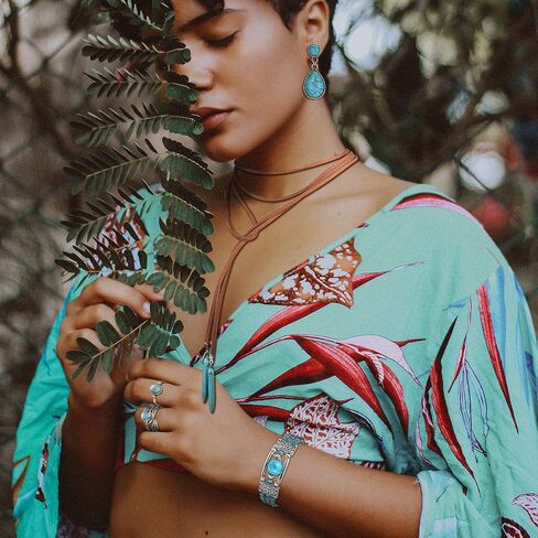 Florideco Bohemian Turquoise Jewelry Set Turquoise Pendant Necklace Turquoise Faux Leather Cuff Bracelet Turquoise Dangle Earrings Vintage Turquoise Knuckle Rings for Women in Saudi Arabia