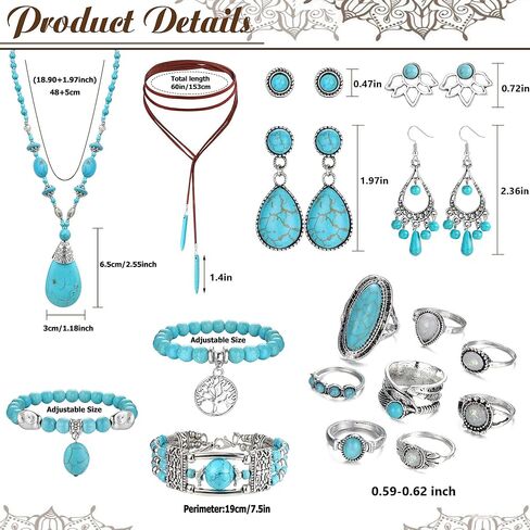 Florideco Bohemian Turquoise Jewelry Set Turquoise Pendant Necklace Turquoise Faux Leather Cuff Bracelet Turquoise Dangle Earrings Vintage Turquoise Knuckle Rings for Women in Saudi Arabia