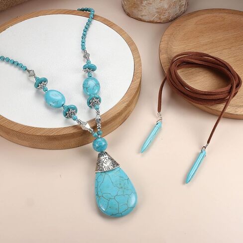 Florideco Bohemian Turquoise Jewelry Set Turquoise Pendant Necklace Turquoise Faux Leather Cuff Bracelet Turquoise Dangle Earrings Vintage Turquoise Knuckle Rings for Women in Saudi Arabia