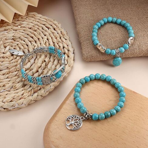Florideco Bohemian Turquoise Jewelry Set Turquoise Pendant Necklace Turquoise Faux Leather Cuff Bracelet Turquoise Dangle Earrings Vintage Turquoise Knuckle Rings for Women in Saudi Arabia
