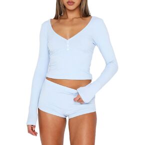 طقم بيجامة نسائي مكون من قطعتين مضلع وأكمام طويلة وزر قصير وسروال قصير ملابس نوم مطابقة لمجموعة PJ in Kuwait