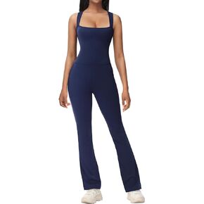 Fengbay Flare Jumpsuits for Women Full Length Bodysuit Strappy Square Neck Bodycon Yoga Rompers Unitard Jumpsuit with Pockets