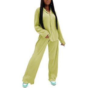 مجموعة سراويل نسائية من Yanfoam مكونة من قطعتين ملابس فضفاضة مطوية وأكمام طويلة وخصر علوي ملابس خروج in Kuwait