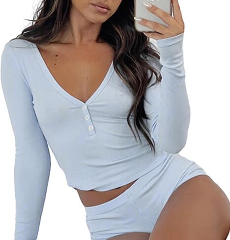 Women 2 Piece Ribbed Knit Pajama Set Long Sleeve Button Crop Top and Shorts Lounge Sleepwear Matching PJ Set in Kuwait