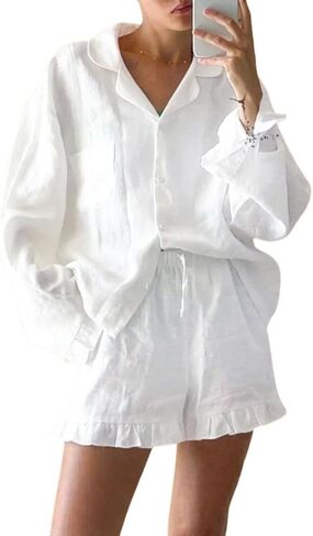 Xfileen Women Ruffle 2 Piece Sets Long Sleeve Button Down Shirt and Shorts Pajamas Sets in Saudi Arabia