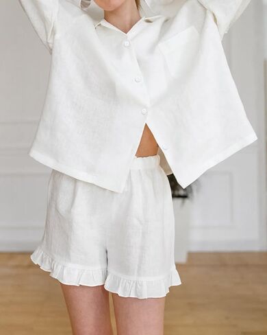 Xfileen Women Ruffle 2 Piece Sets Long Sleeve Button Down Shirt and Shorts Pajamas Sets in Saudi Arabia