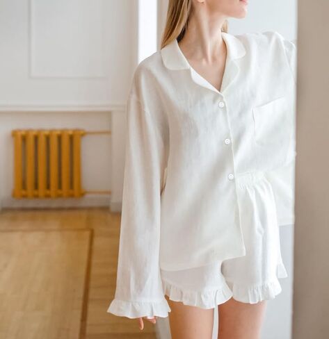 Xfileen Women Ruffle 2 Piece Sets Long Sleeve Button Down Shirt and Shorts Pajamas Sets in Saudi Arabia