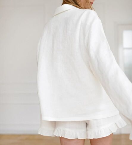 Xfileen Women Ruffle 2 Piece Sets Long Sleeve Button Down Shirt and Shorts Pajamas Sets in Saudi Arabia