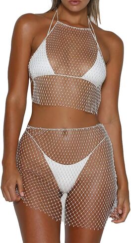 FlyCC Rhinestone 2 Piece Skirt Set Outfits See Through Mesh Beach Bikni Swimsuit Cover up Fishnet Crop Top with Mini Skirt in Saudi Arabia