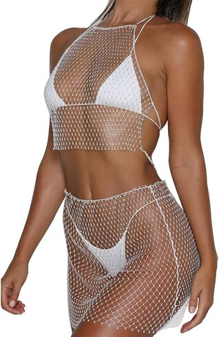 FlyCC Rhinestone 2 Piece Skirt Set Outfits See Through Mesh Beach Bikni Swimsuit Cover up Fishnet Crop Top with Mini Skirt in Saudi Arabia