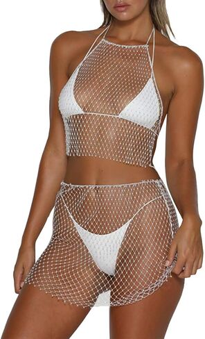 FlyCC Rhinestone 2 Piece Skirt Set Outfits See Through Mesh Beach Bikni Swimsuit Cover up Fishnet Crop Top with Mini Skirt in Saudi Arabia