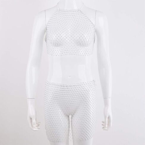 FlyCC Rhinestone 2 Piece Skirt Set Outfits See Through Mesh Beach Bikni Swimsuit Cover up Fishnet Crop Top with Mini Skirt in Saudi Arabia