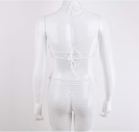 FlyCC Rhinestone 2 Piece Skirt Set Outfits See Through Mesh Beach Bikni Swimsuit Cover up Fishnet Crop Top with Mini Skirt in Saudi Arabia