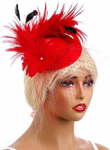 خمر الفاسناتور 20s 50s ديربي قبعة زهرة الحجاب علبة مستديرة قبعة شعر ريشي اصطناعي مشبك عقال حفل زفاف الشاي قبعة للنساء in Kuwait