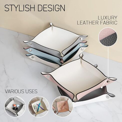 صينية الغرور لتنظيم المكياج من GOODSDECO - صينية المدخل الجلدية، منظم المدخل المزخرف مصنوع من جلد البولي يوريثان، صينية ملونة للعملات المعدنية والمجوهرات ومستحضرات التجميل والمكتب والمطبخ (رمادي-أبيض) in Kuwait