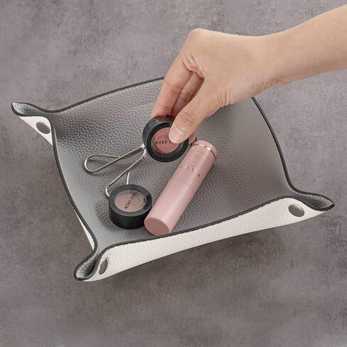 صينية الغرور لتنظيم المكياج من GOODSDECO - صينية المدخل الجلدية، منظم المدخل المزخرف مصنوع من جلد البولي يوريثان، صينية ملونة للعملات المعدنية والمجوهرات ومستحضرات التجميل والمكتب والمطبخ (رمادي-أبيض) in Kuwait