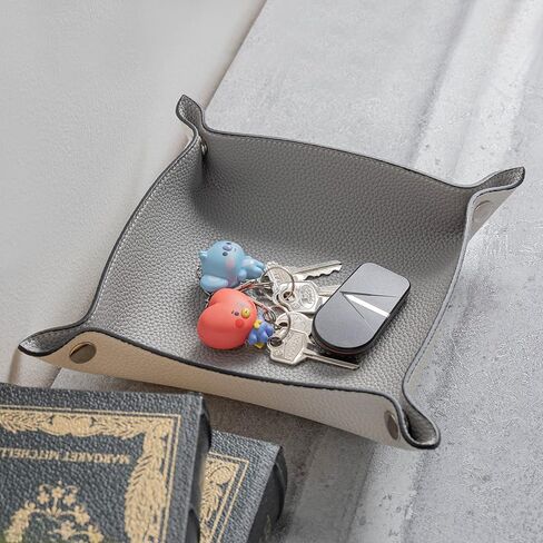 صينية الغرور لتنظيم المكياج من GOODSDECO - صينية المدخل الجلدية، منظم المدخل المزخرف مصنوع من جلد البولي يوريثان، صينية ملونة للعملات المعدنية والمجوهرات ومستحضرات التجميل والمكتب والمطبخ (رمادي-أبيض) in Kuwait