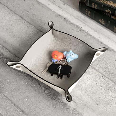 صينية الغرور لتنظيم المكياج من GOODSDECO - صينية المدخل الجلدية، منظم المدخل المزخرف مصنوع من جلد البولي يوريثان، صينية ملونة للعملات المعدنية والمجوهرات ومستحضرات التجميل والمكتب والمطبخ (رمادي-أبيض) in Kuwait