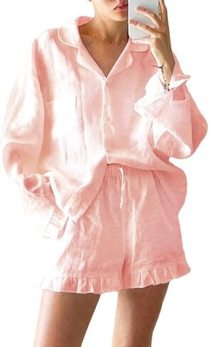 Xfileen Women Ruffle 2 Piece Sets Long Sleeve Button Down Shirt and Shorts Pajamas Sets in Saudi Arabia
