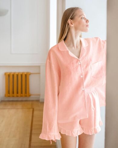 Xfileen Women Ruffle 2 Piece Sets Long Sleeve Button Down Shirt and Shorts Pajamas Sets in Saudi Arabia