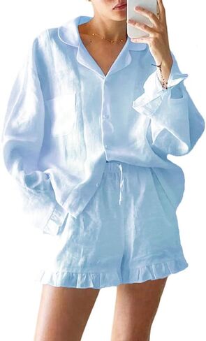 Xfileen Women Ruffle 2 Piece Sets Long Sleeve Button Down Shirt and Shorts Pajamas Sets in Saudi Arabia