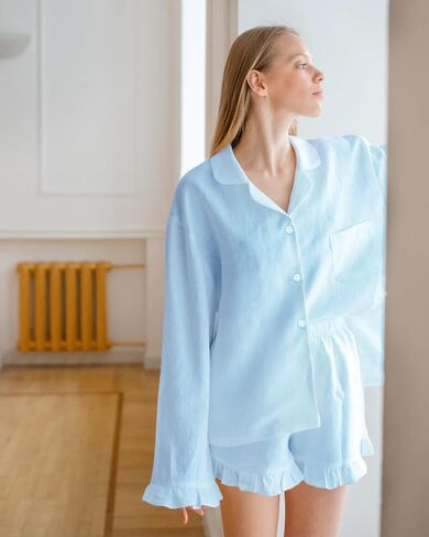 Xfileen Women Ruffle 2 Piece Sets Long Sleeve Button Down Shirt and Shorts Pajamas Sets in Saudi Arabia