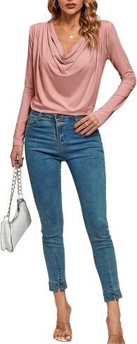 بلوزة نسائية فضفاضة ذات رقبة متدلية وأكمام طويلة من LYANER in Kuwait