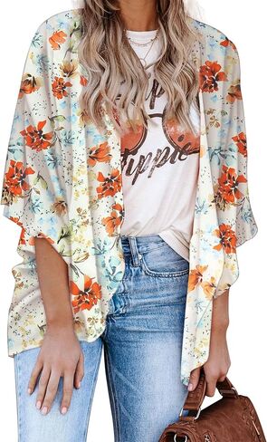 Hibluco Women's Floral Kimono Cardigan Casual Chiffon Tops Loose Beach Cover Ups in Saudi Arabia
