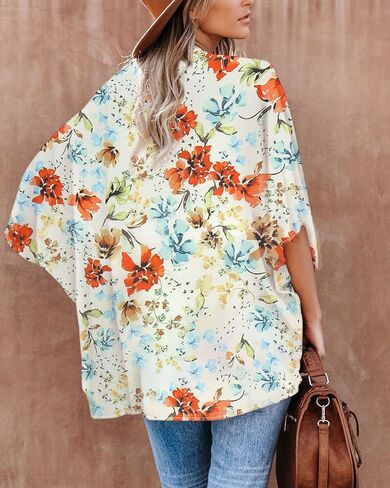 Hibluco Women's Floral Kimono Cardigan Casual Chiffon Tops Loose Beach Cover Ups in Saudi Arabia