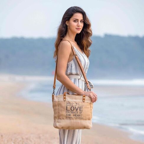 Myra Bag Sustainable Organic Fabric Market Bag Upcycled Cotton & Leather S-2887 in Saudi Arabia