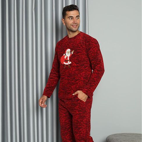 Akbeniz Men's Pajama Set Long Sleeve Round Necks Patterned Nightwear Fleece Sleepwear Winter Pajamas for Men in Saudi Arabia
