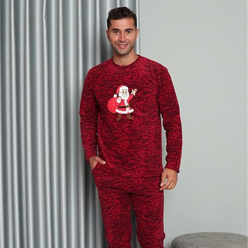 Akbeniz Men's Pajama Set Long Sleeve Round Necks Patterned Nightwear Fleece Sleepwear Winter Pajamas for Men in Saudi Arabia