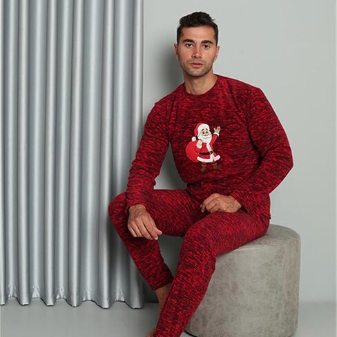 Akbeniz Men's Pajama Set Long Sleeve Round Necks Patterned Nightwear Fleece Sleepwear Winter Pajamas for Men in Saudi Arabia