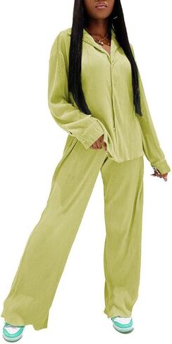 مجموعة سراويل نسائية من Yanfoam مكونة من قطعتين ملابس فضفاضة مطوية وأكمام طويلة وخصر علوي ملابس خروج in Kuwait