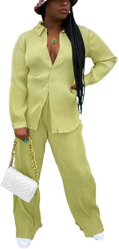 مجموعة سراويل نسائية من Yanfoam مكونة من قطعتين ملابس فضفاضة مطوية وأكمام طويلة وخصر علوي ملابس خروج in Kuwait