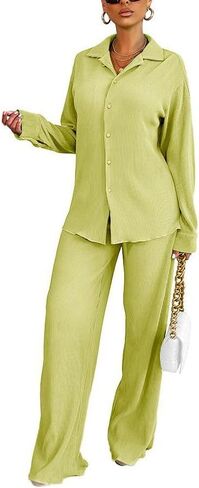 مجموعة سراويل نسائية من Yanfoam مكونة من قطعتين ملابس فضفاضة مطوية وأكمام طويلة وخصر علوي ملابس خروج in Kuwait