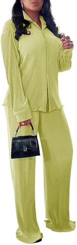 مجموعة سراويل نسائية من Yanfoam مكونة من قطعتين ملابس فضفاضة مطوية وأكمام طويلة وخصر علوي ملابس خروج in Kuwait