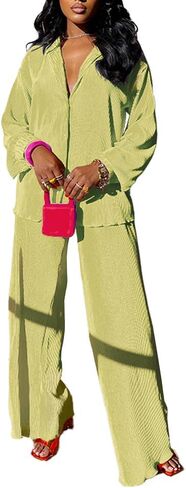 مجموعة سراويل نسائية من Yanfoam مكونة من قطعتين ملابس فضفاضة مطوية وأكمام طويلة وخصر علوي ملابس خروج in Kuwait