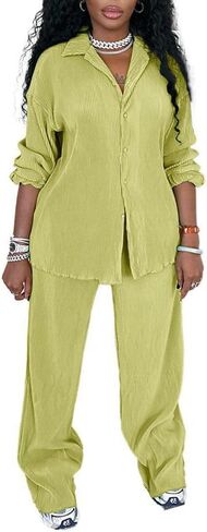 مجموعة سراويل نسائية من Yanfoam مكونة من قطعتين ملابس فضفاضة مطوية وأكمام طويلة وخصر علوي ملابس خروج in Kuwait