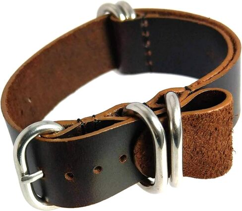 حزام ساعة تايم + 5 حلقات من الجلد الزيتي بنمط عسكري - اختر اللون والعرض 18 مم، 20 مم، 22 مم in Kuwait