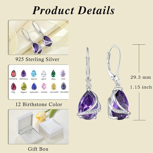 Rocayi Birthstone Dangle Drop Earrings for Women 925 Sterling Silver Teardrop Leverback Earrings Christmas Birthday Mother's Day Jewelry Gifts for Wife Girlfriend Mother Daughter Her in Saudi Arabia